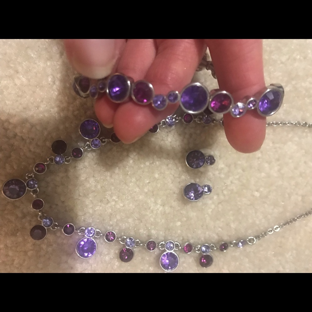 Purple rhinestone necklace bracelet earring set - Picture 2 of 3